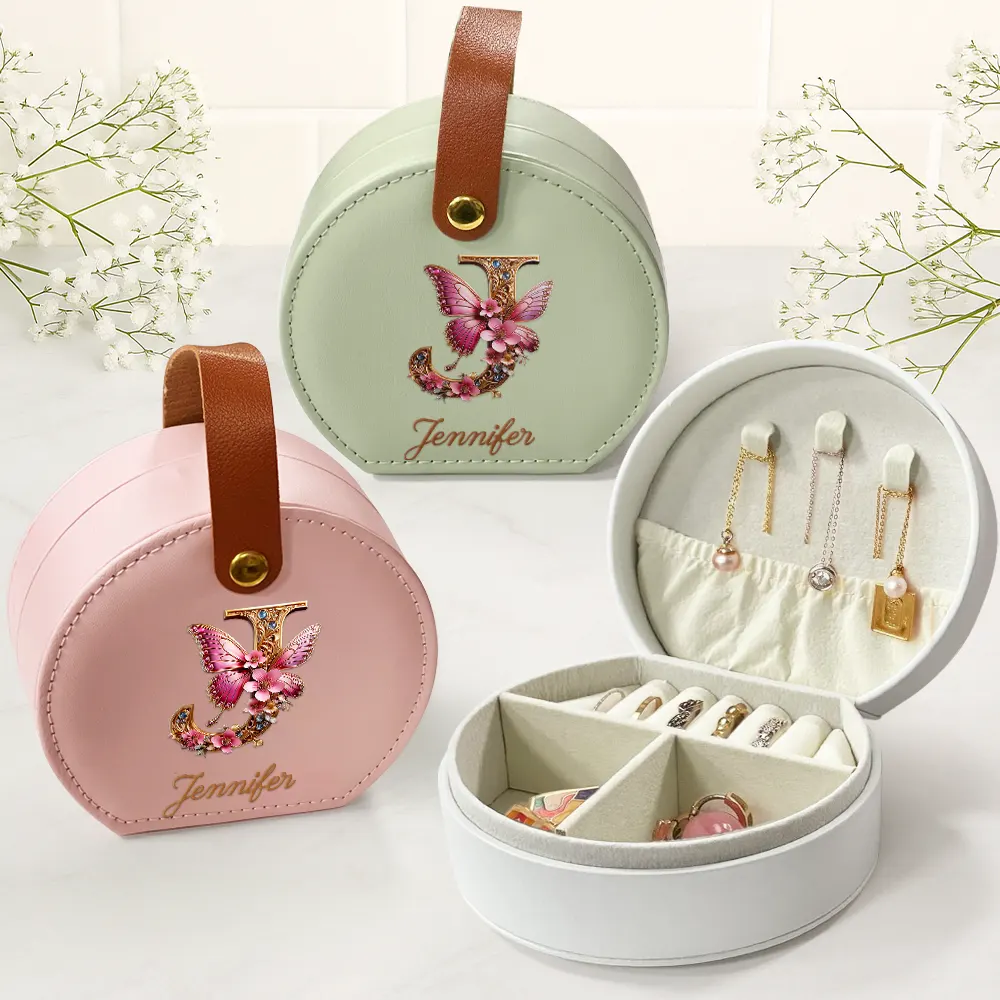 Flower Butterfly Monogram - Personalized Jewelry Box With Handle - Image 2