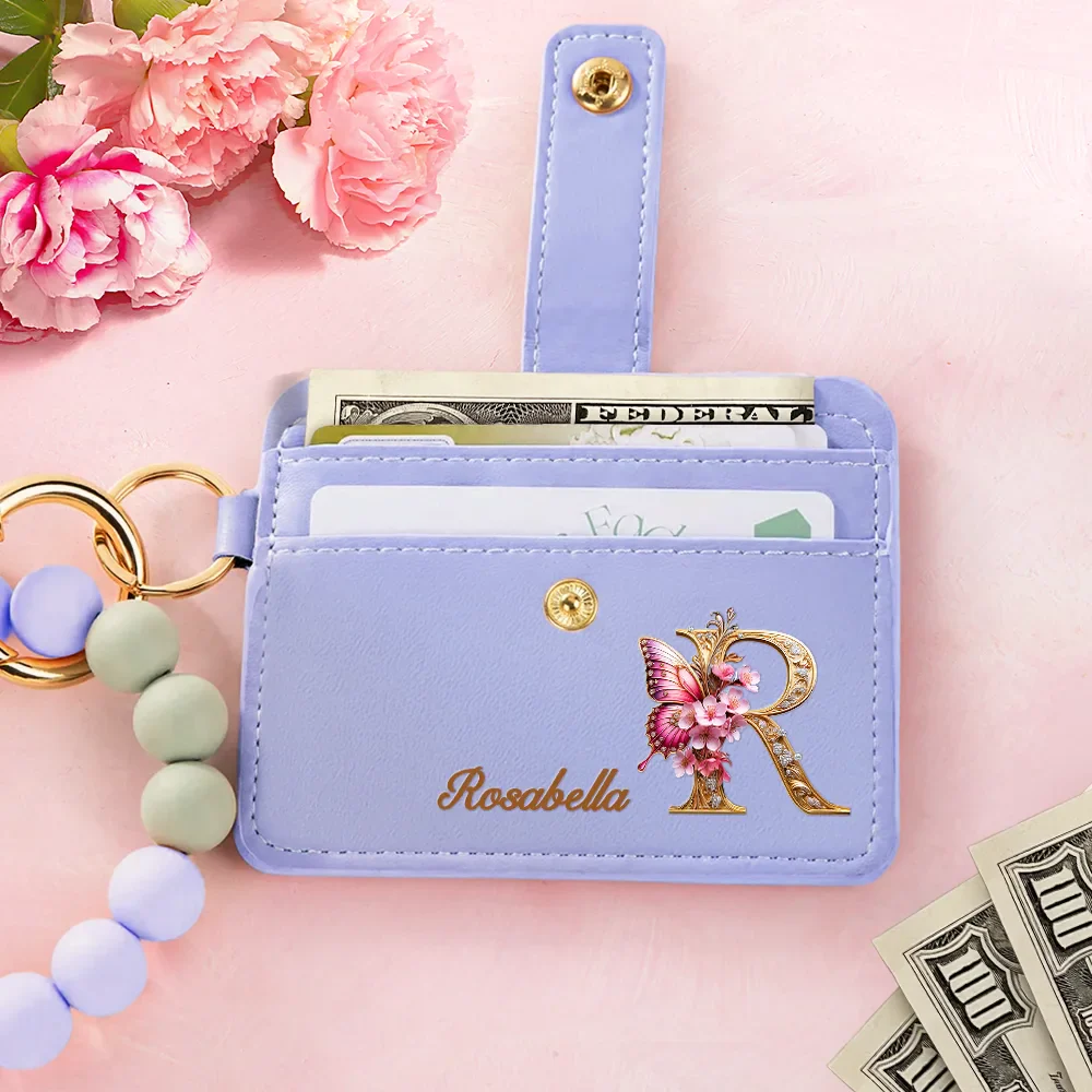Flower Butterfly Monogram - Personalized Keychain Wristlet Leather Wallet - Image 2