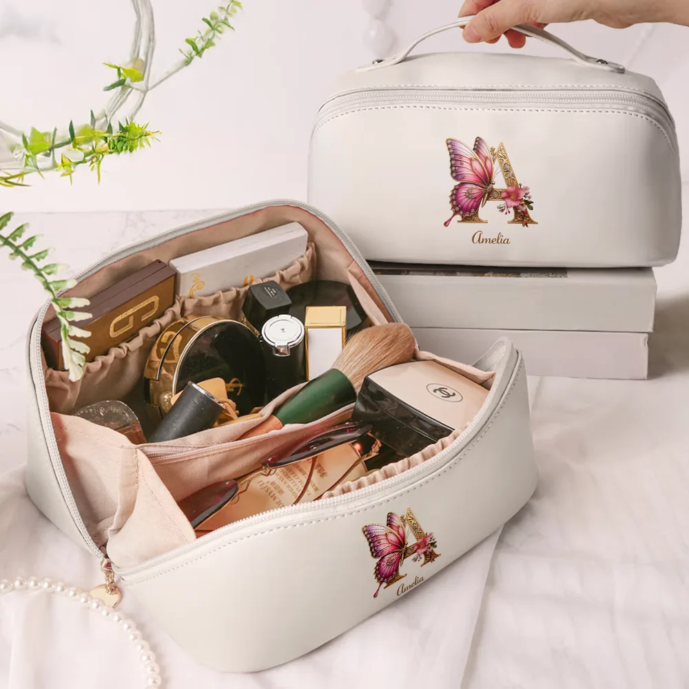 Flower Butterfly Monogram - Personalized Leather Makeup Bag - Image 2