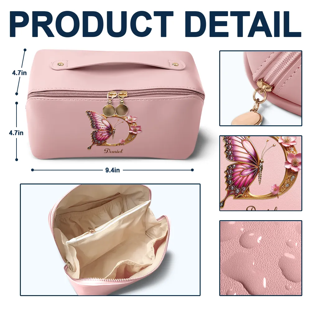 Flower Butterfly Monogram - Personalized Leather Makeup Bag - Image 4
