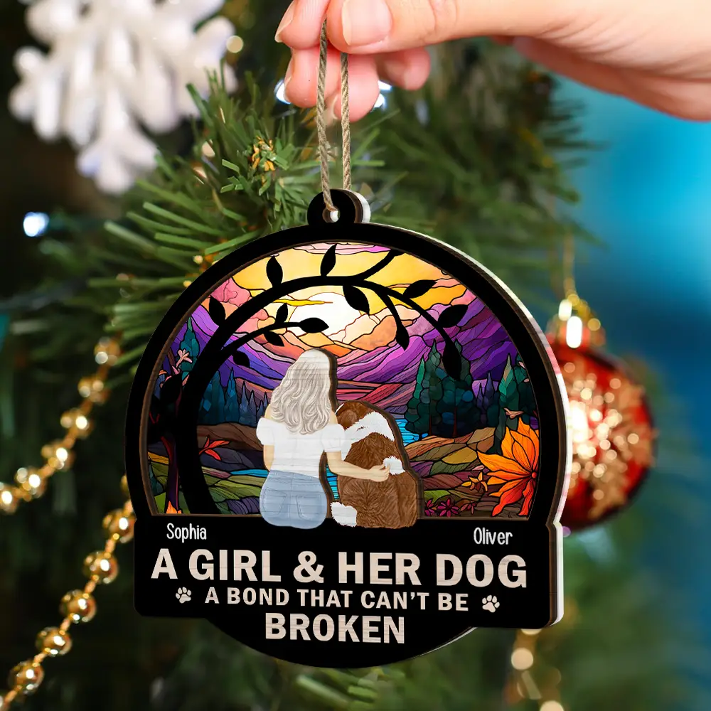 Flower Field A Girl And Her Dog And Cat - Personalized 2-Layered Mix Ornament - Image 4