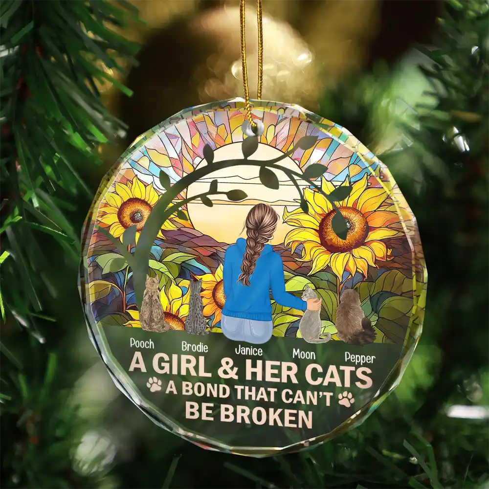 Flower Field A Girl And Her Dog And Cat - Personalized Circle Glass Ornament - Image 4