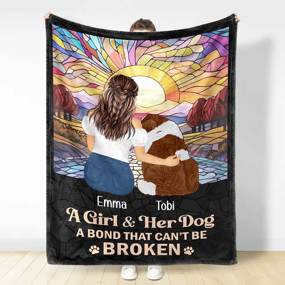 Flower Field A Girl And Her Dog And Cat - Personalized Fleece Blanket, Sherpa Blanket - Image 3