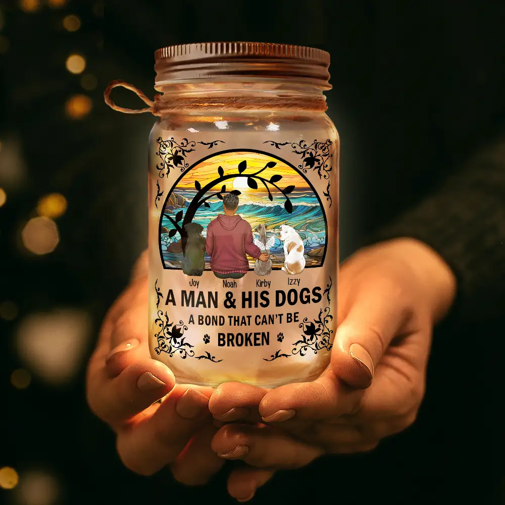 Flower Field A Girl And Her Dog And Cat - Personalized Mason Jar Light - Image 3