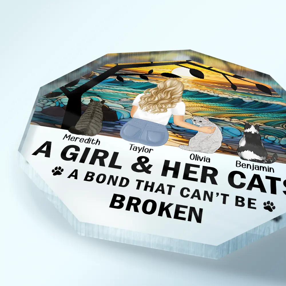 Flower Field A Girl And Her Dog And Cat - Personalized Nonagon Shaped Acrylic Plaque - Image 3