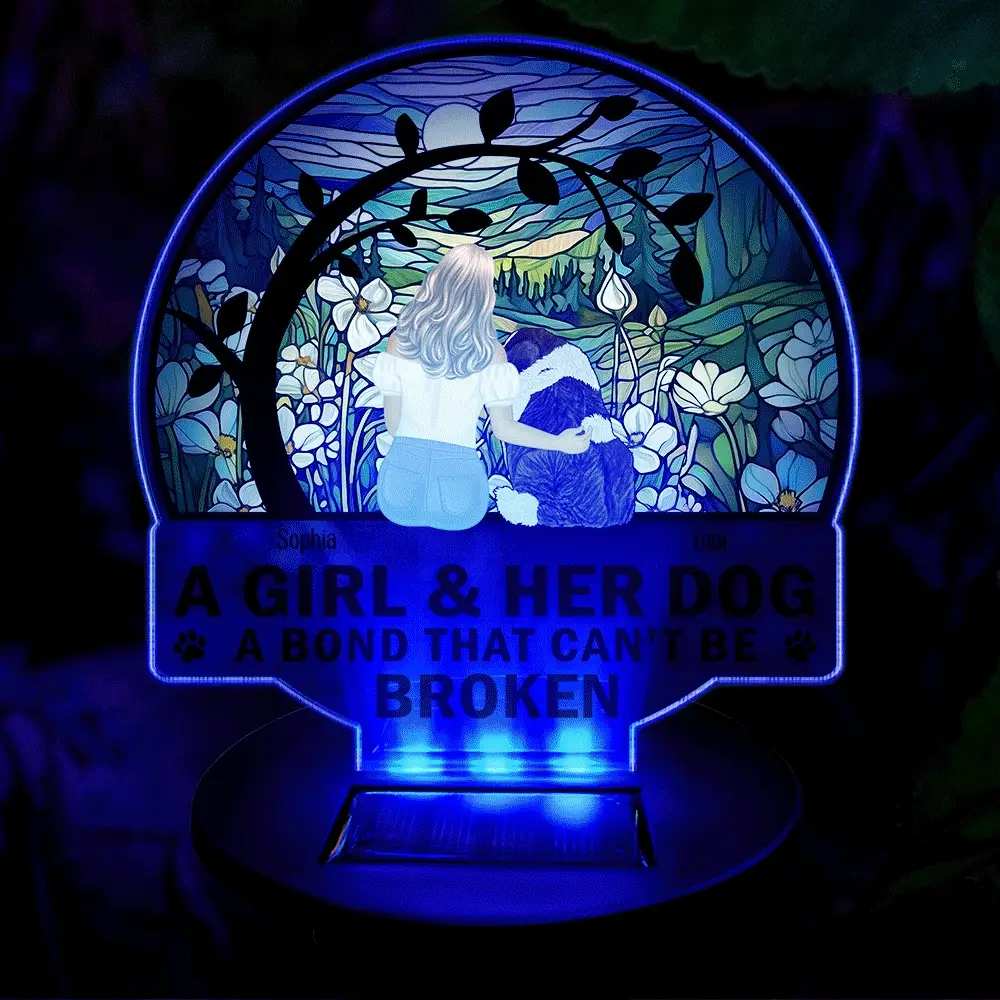 Flower Field A Girl And Her Dog And Cat - Personalized Solar Light - Image 3