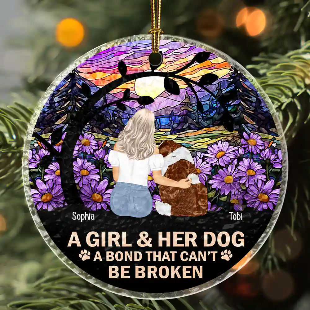 Flower Field A Girl And Her Dog And Cat - Personalized Stained Glass Ornament - Image 2