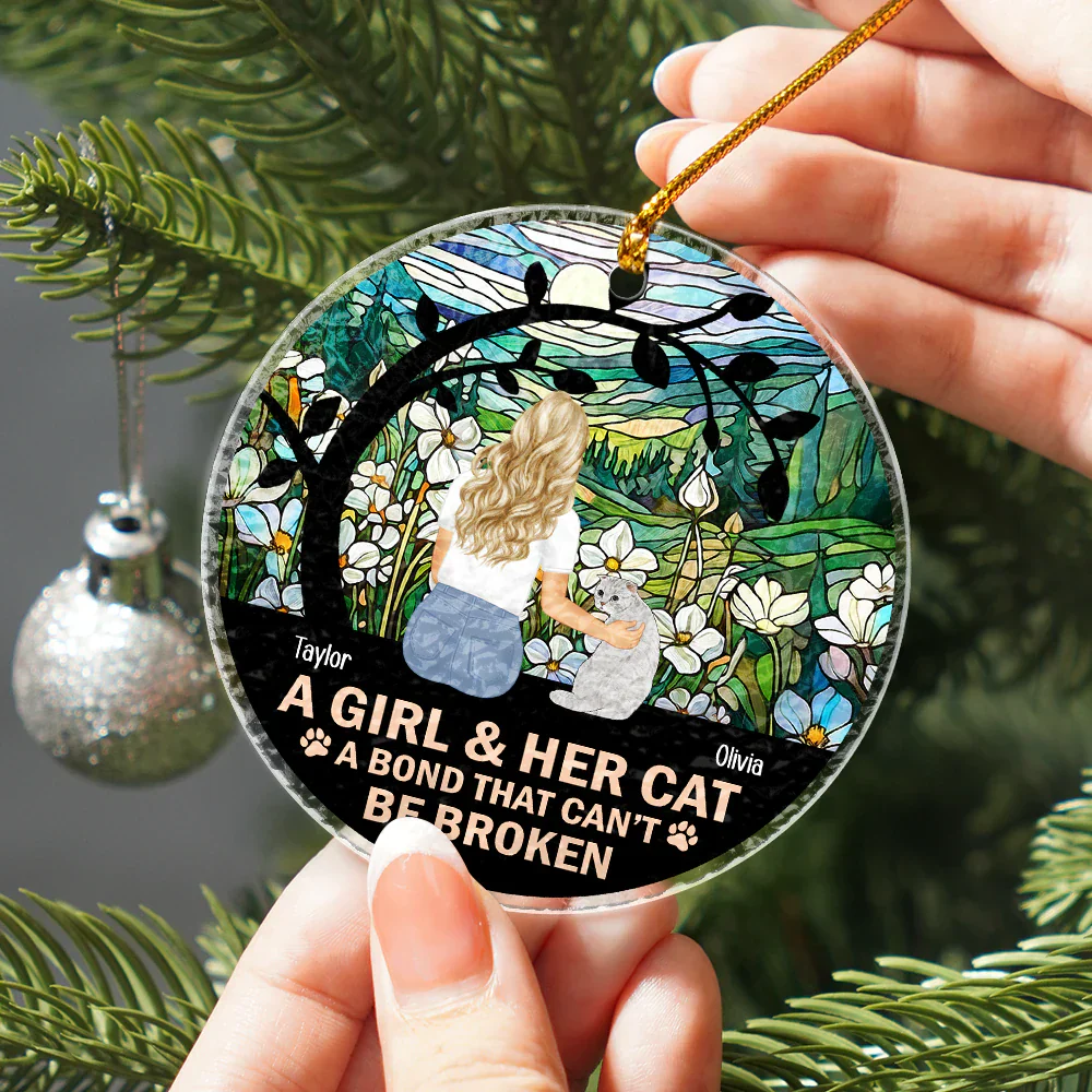 Flower Field A Girl And Her Dog And Cat - Personalized Stained Glass Ornament - Image 3