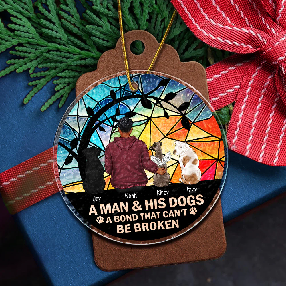Flower Field A Girl And Her Dog And Cat - Personalized Stained Glass Ornament - Image 6