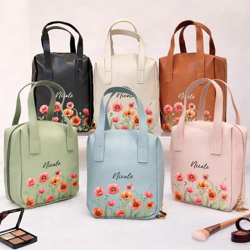 Flower Field Birth Month Flower & Name - Personalized Leather Makeup Bag With Handle - Image 2