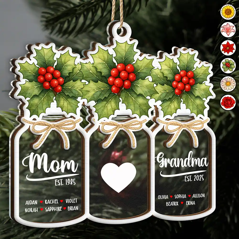Flower Mason Jar Mom Grandma Great Grandma - Personalized 2-Layered Mix Ornament - Image 2