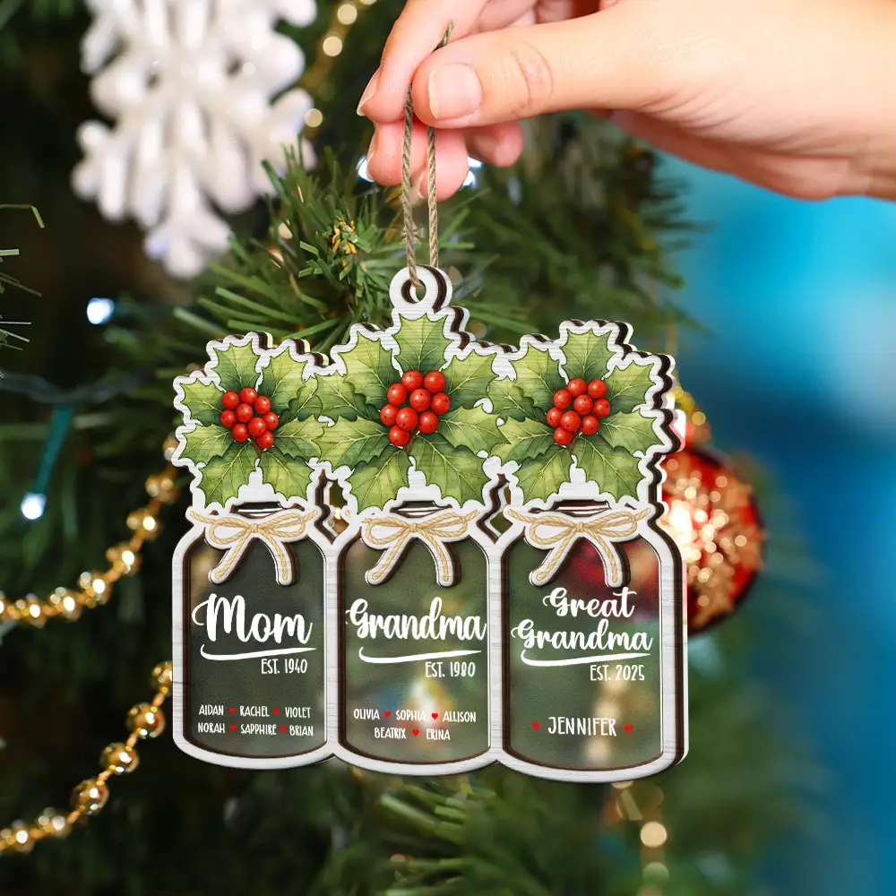 Flower Mason Jar Mom Grandma Great Grandma - Personalized 2-Layered Mix Ornament - Image 5