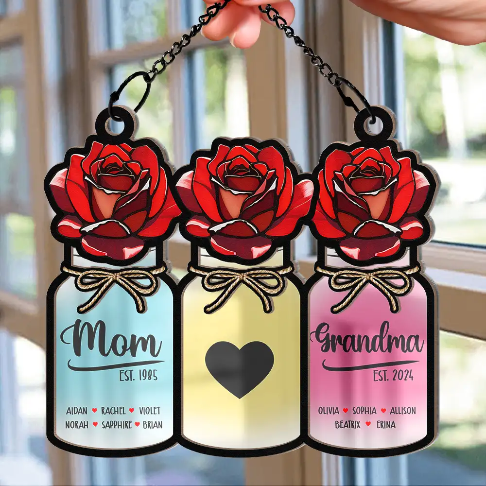 Flower Mason Jar Mom Grandma Great Grandma - Personalized Window Hanging Suncatcher Ornament - Image 2
