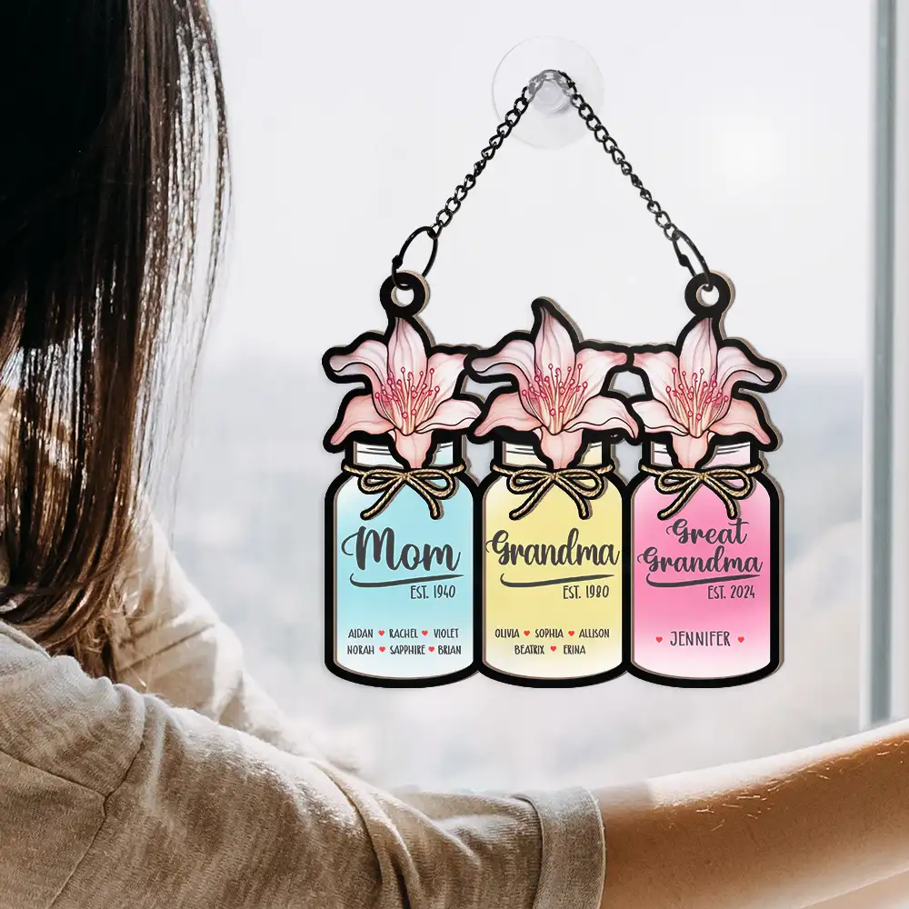 Flower Mason Jar Mom Grandma Great Grandma - Personalized Window Hanging Suncatcher Ornament - Image 4