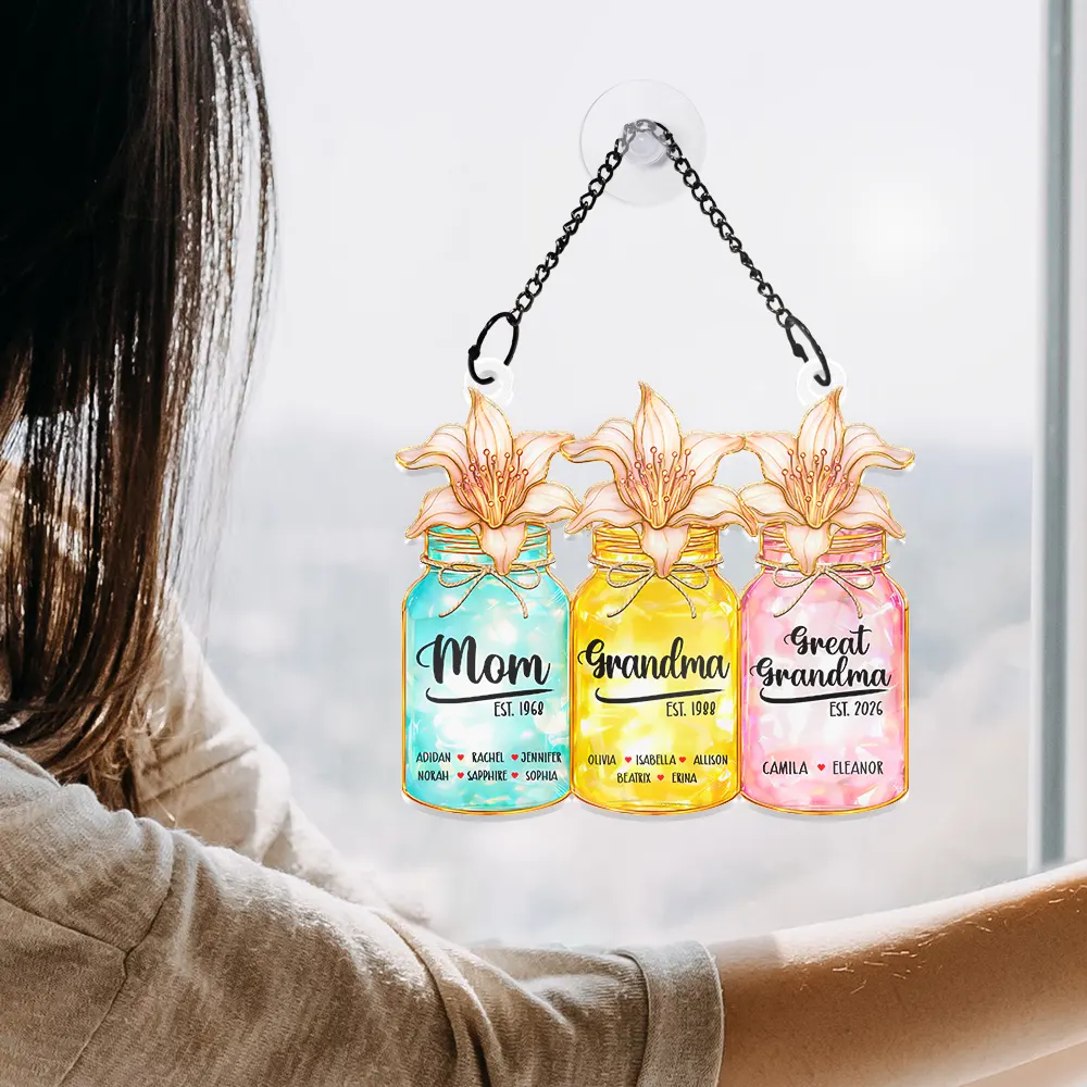 Flower Mason Jar Mom Grandma Stained Glass Effect - Personalized Window Hanging Suncatcher Ornament - Image 4