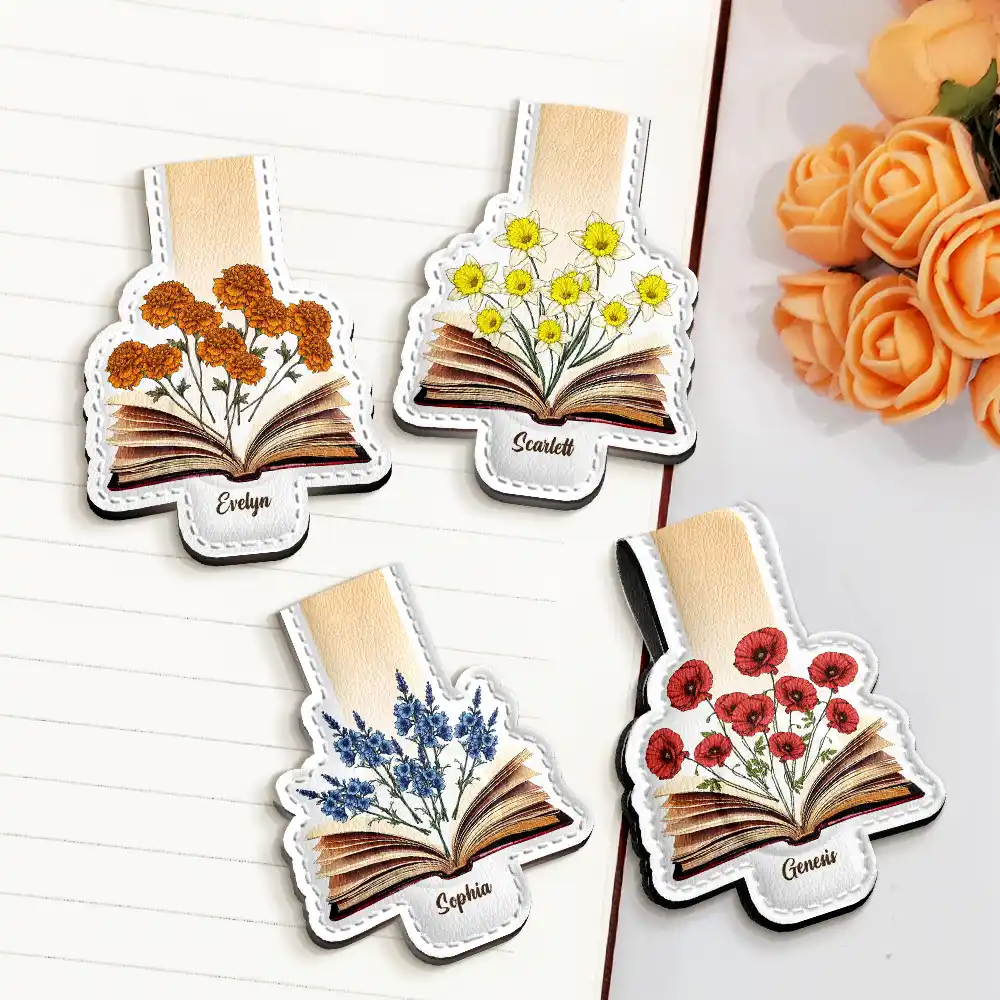 Flowers Growing From Book - Personalized Custom Shaped Leather Magnetic Bookmark - Image 2
