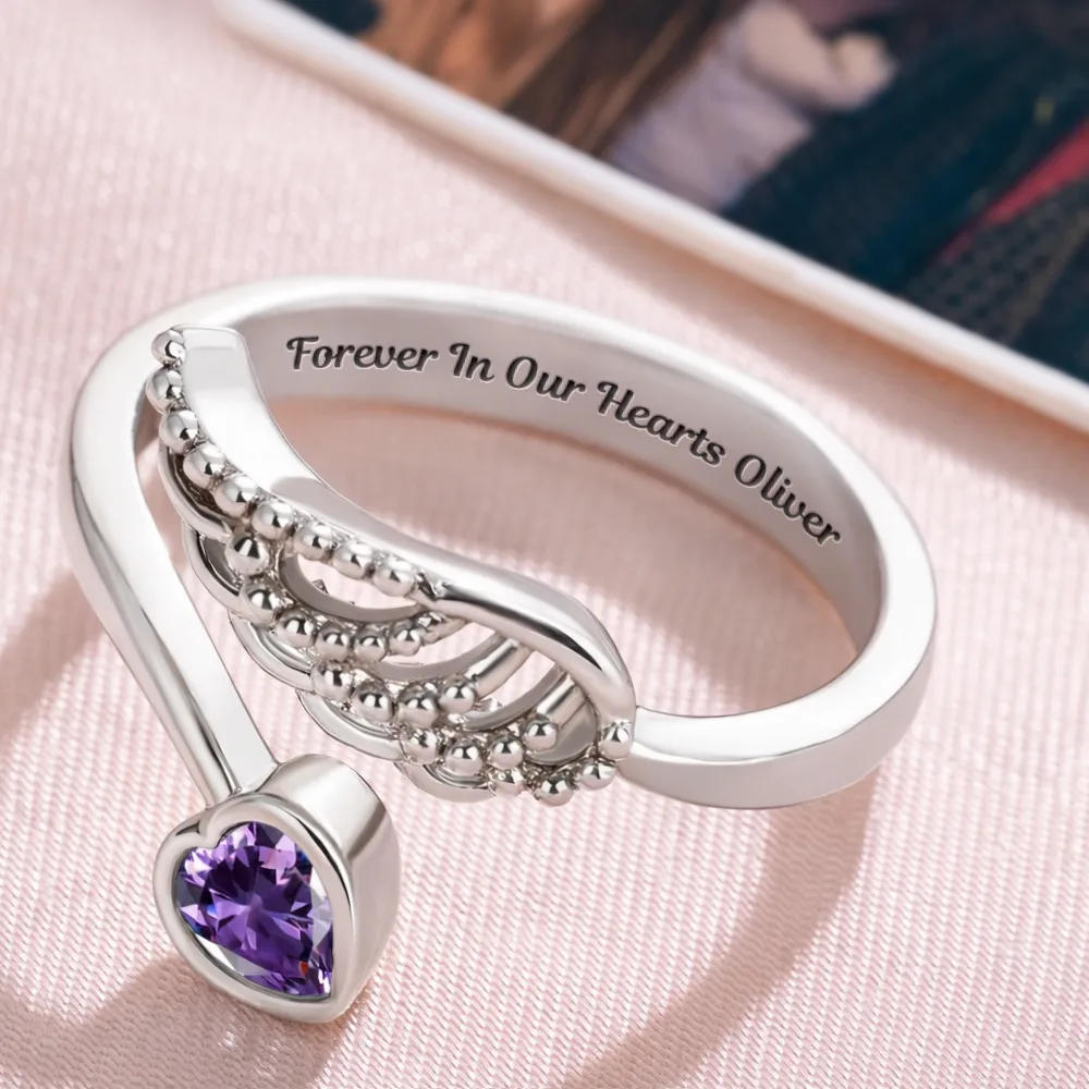 Forever In My Heart Memorial - Personalized Wing And Heart Birthstone Ring - Image 4