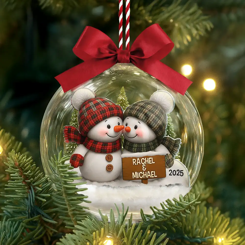 Forever Love Couple Snowman - Personalized 3D Acrylic Ball Ornament - Image 3
