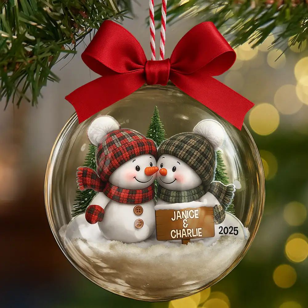 Forever Love Couple Snowman - Personalized 3D Acrylic Ball Ornament - Image 6