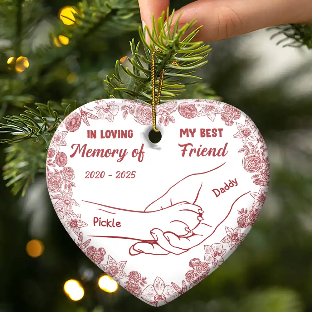 Forever Loved Hand In Paw Toile Style - Personalized Heart Ceramic Ornament - Image 3