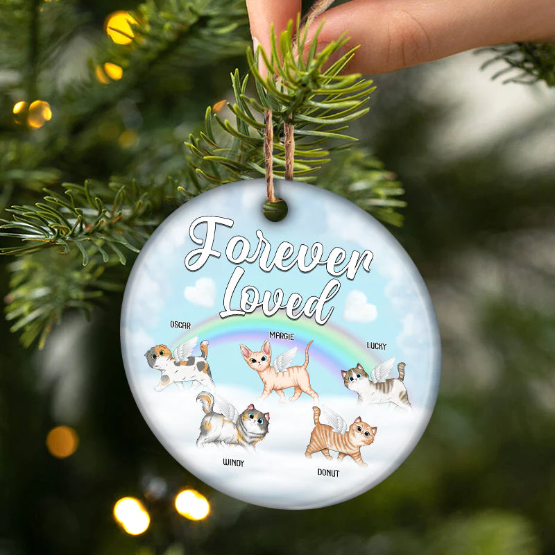 Forever Loved - Memorial Gift For Cat Lovers - Personalized Custom Circle Ceramic Ornament - Image 2