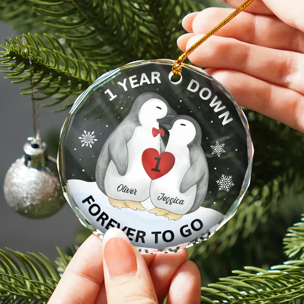 Forever To Go Penguin Couple - Personalized Circle Glass Ornament - Image 2