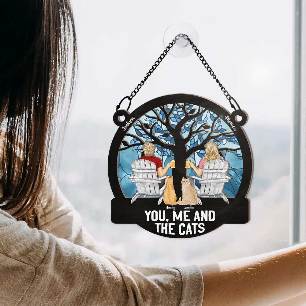 Four Seasons You, Me And The Cat - Personalized Window Hanging Suncatcher Ornament - Image 4