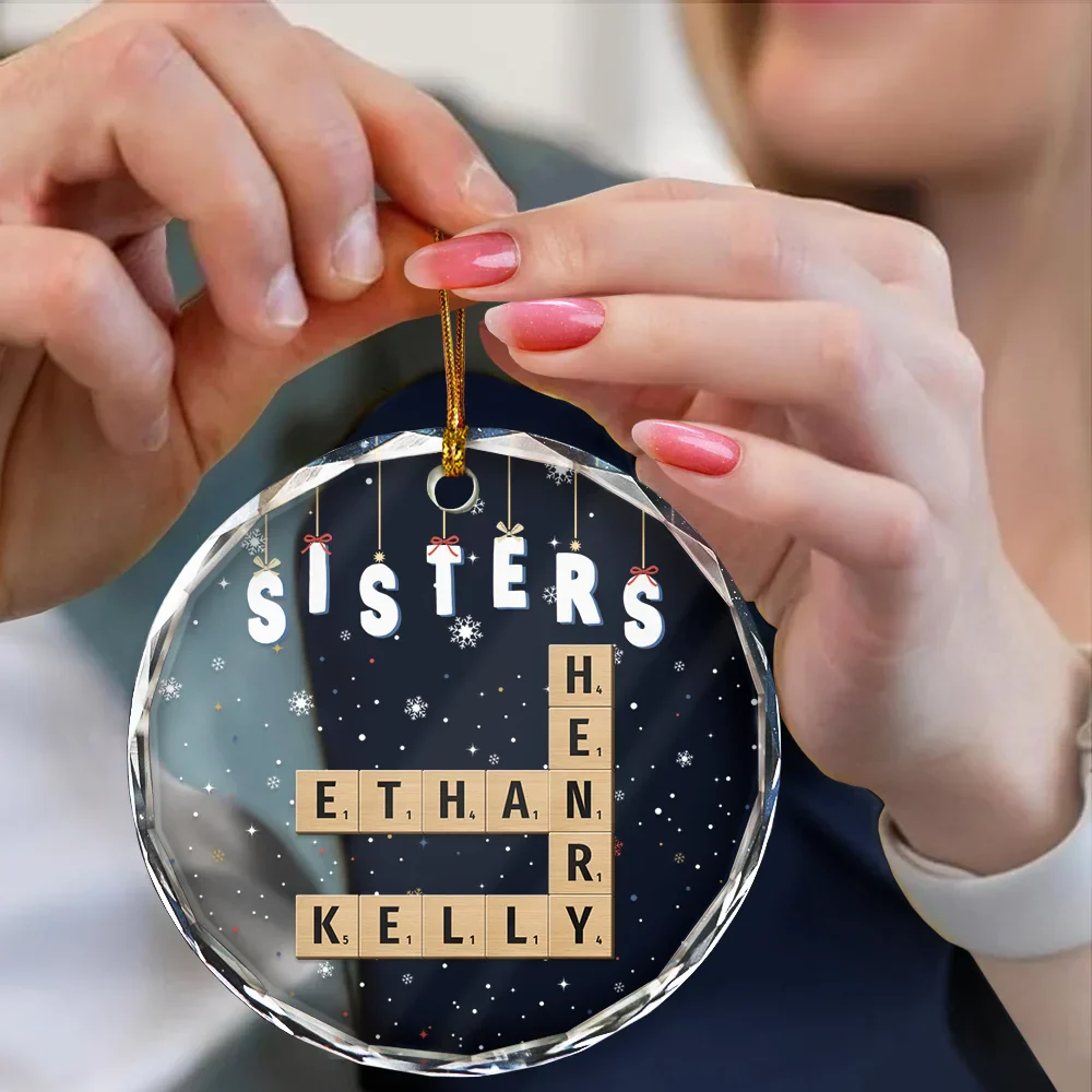 Friends Besties Sisters Brothers Family Crossword Scrabble - Personalized Circle Glass Ornament - Image 5