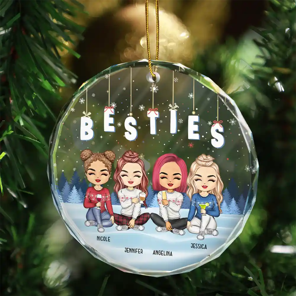 Friends Besties Sisters Brothers Sitting Together Chibi - Personalized Circle Glass Ornament - Image 3