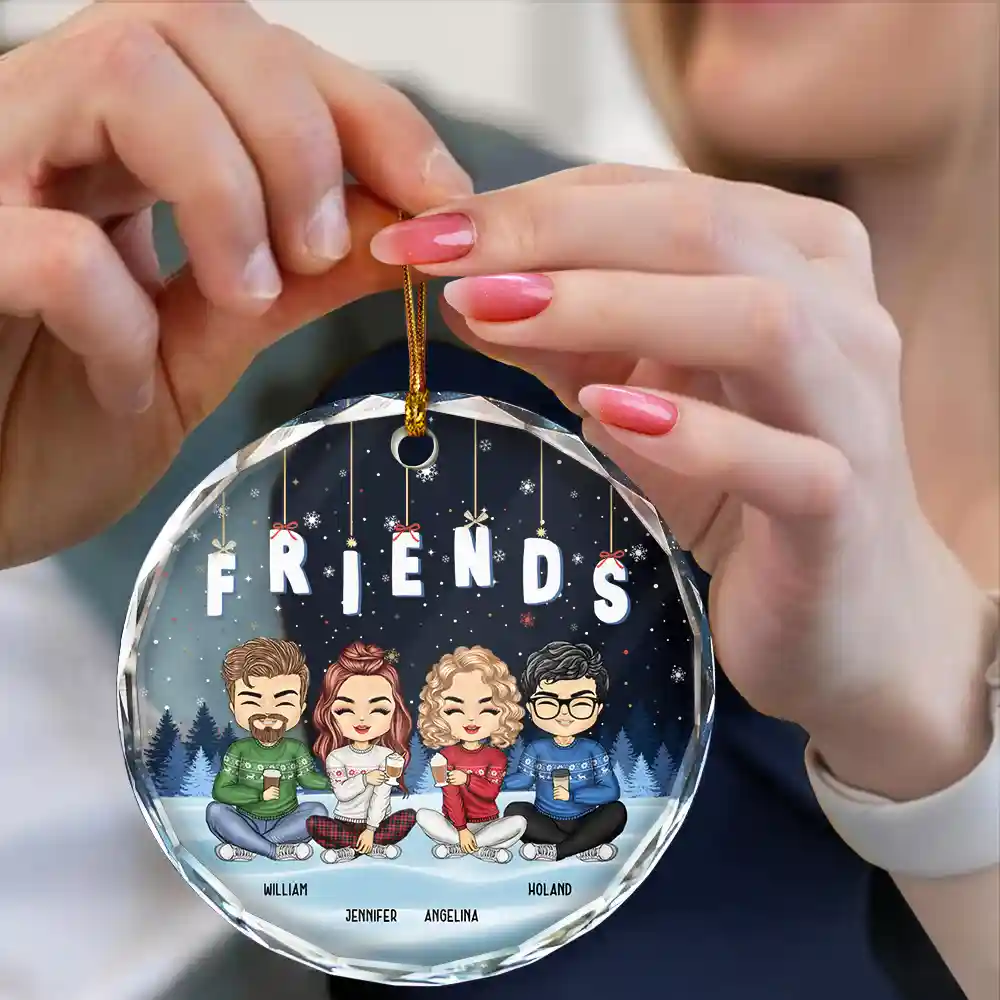 Friends Besties Sisters Brothers Sitting Together Chibi - Personalized Circle Glass Ornament - Image 4