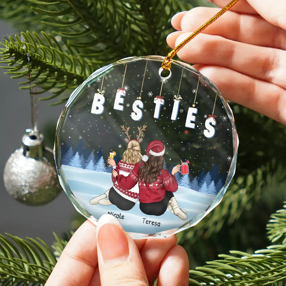 Friends Besties Sisters Brothers Sitting Together - Personalized Circle Glass Ornament - Image 2