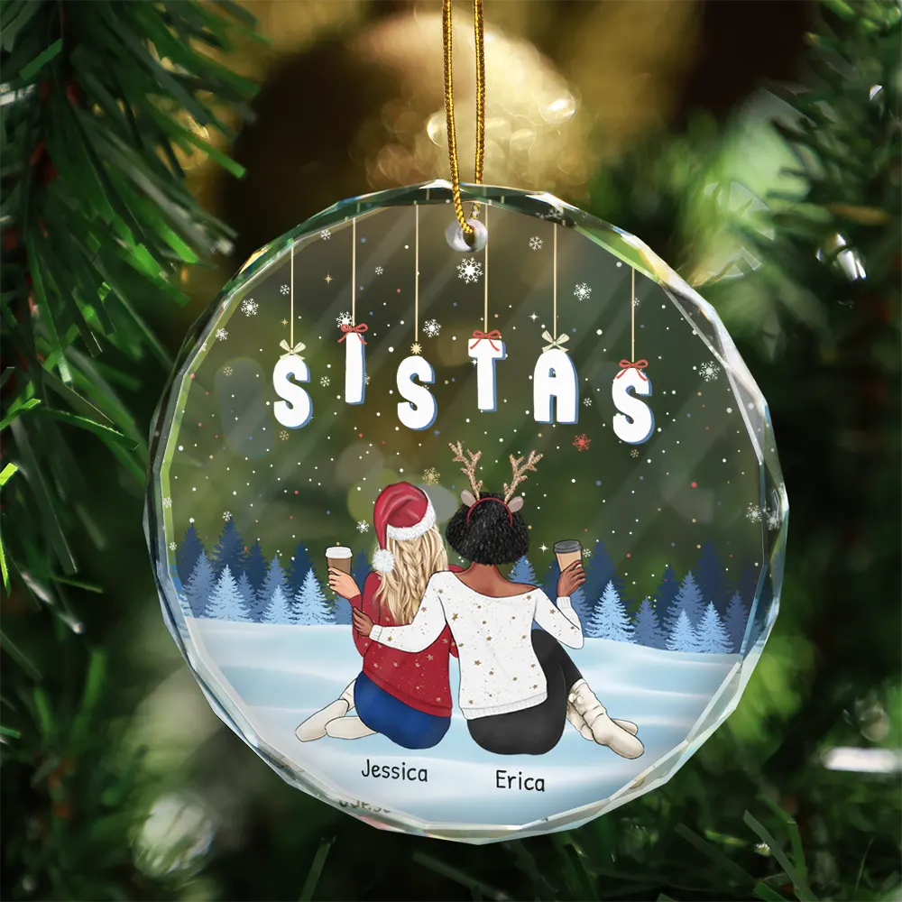 Friends Besties Sisters Brothers Sitting Together - Personalized Circle Glass Ornament - Image 3