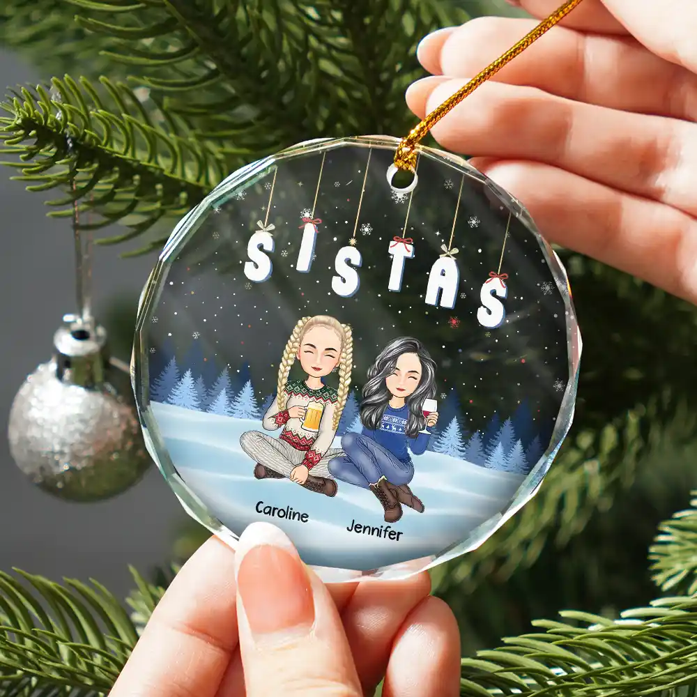 Friends Besties Sisters Sitting Together Cartoon - Personalized Circle Glass Ornament - Image 2