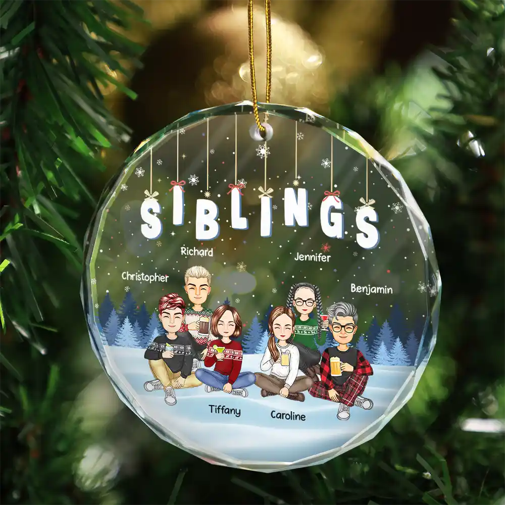 Friends Besties Sisters Sitting Together Cartoon - Personalized Circle Glass Ornament - Image 3