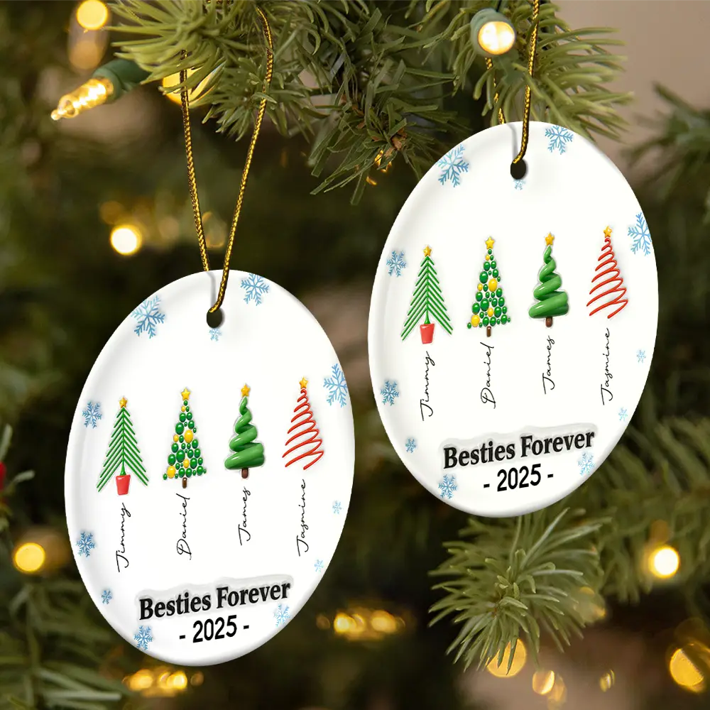 Friends Forever Christmas Tree 3D Inflated - Personalized Circle Ceramic Ornament - Image 2