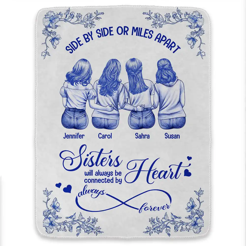 Friends Sisters Will Always Be Connected By Heart Chinoiserie Toile Besties - Personalized Fleece Blanket, Sherpa Blanket - Image 2