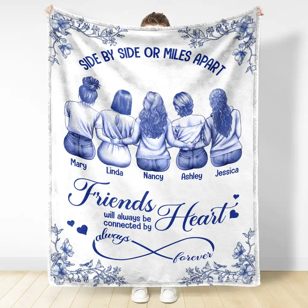 Friends Sisters Will Always Be Connected By Heart Chinoiserie Toile Besties - Personalized Fleece Blanket, Sherpa Blanket - Image 3
