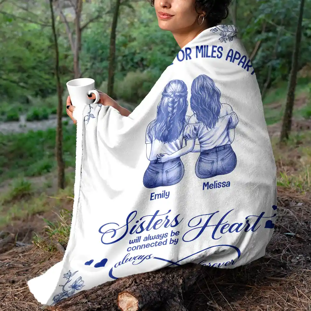 Friends Sisters Will Always Be Connected By Heart Chinoiserie Toile Besties - Personalized Fleece Blanket, Sherpa Blanket - Image 5