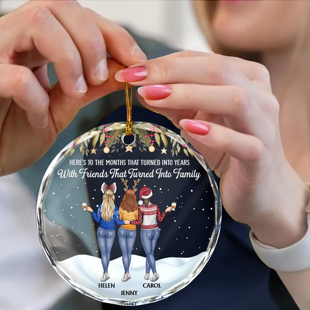 Friends That Turn Into Family Backside - Personalized Circle Glass Ornament - Image 4