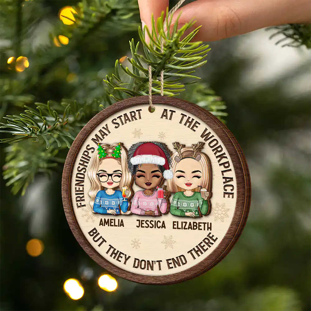 Friendships May Start At The Workplace Christmas Chibi - Personalized 2-Layered Wooden Ornament - Image 2