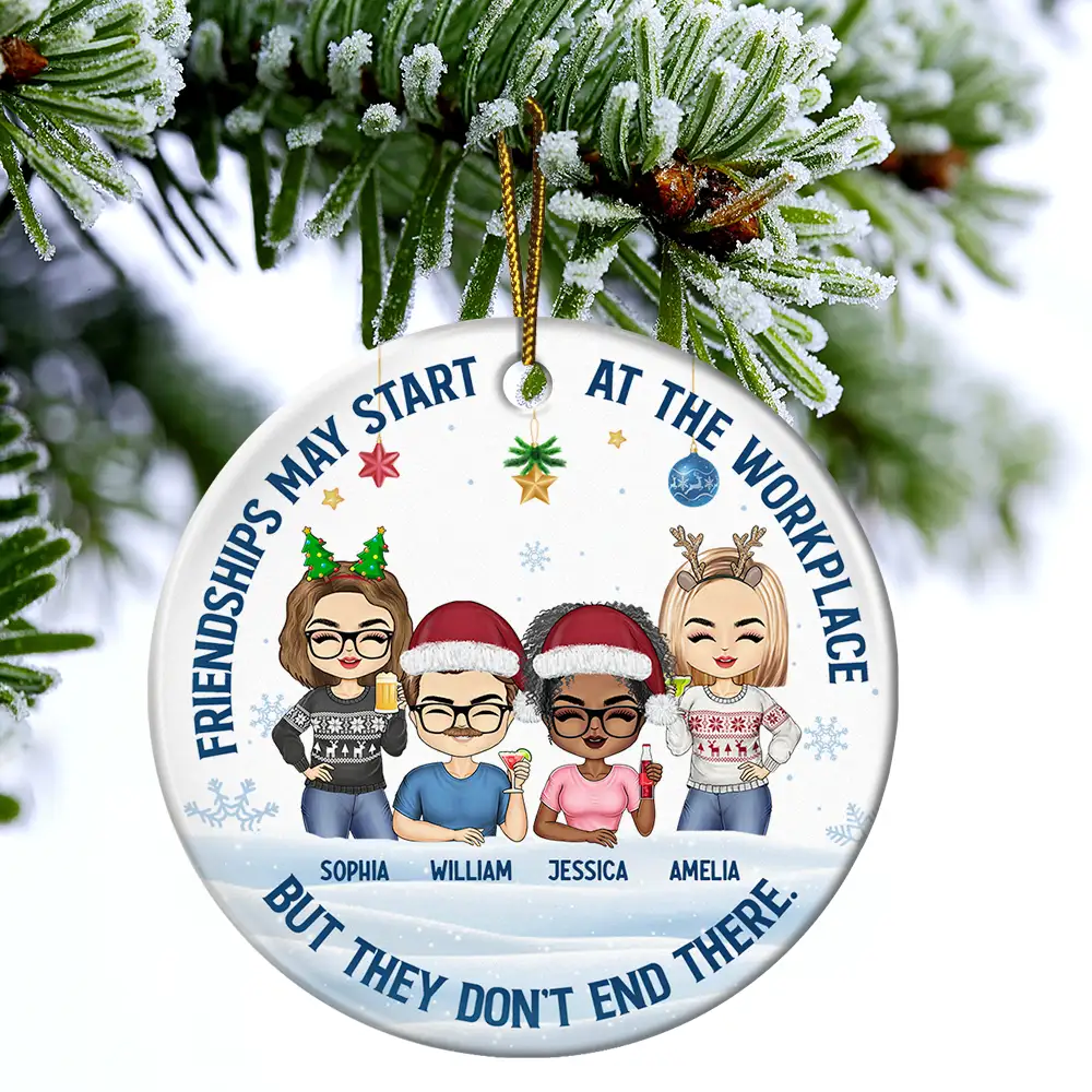 Friendships May Start At The Workplace Christmas Colleagues Chibi - Personalized Circle Ceramic Ornament - Image 4