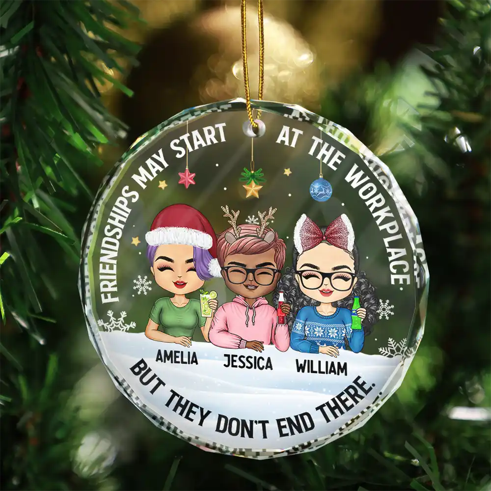 Friendships May Start At The Workplace Christmas Colleagues Chibi - Personalized Circle Glass Ornament - Image 3