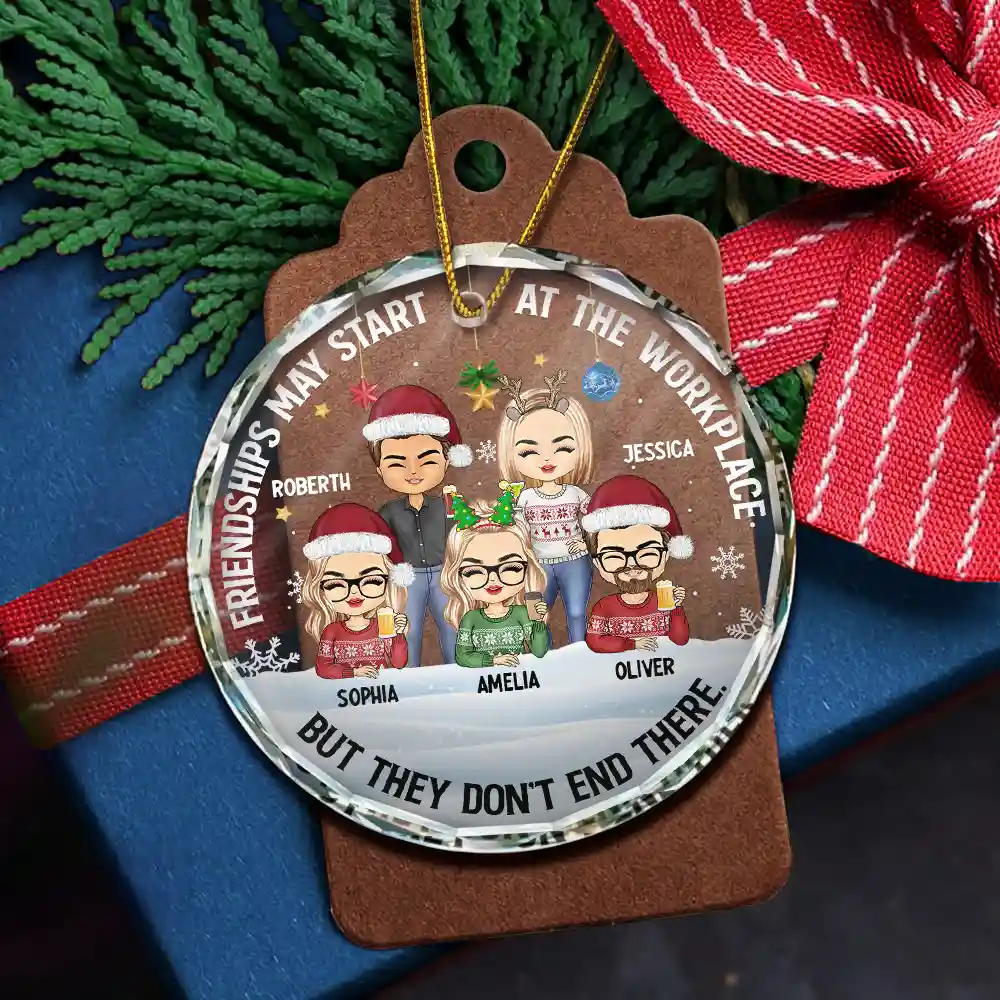 Friendships May Start At The Workplace Christmas Colleagues Chibi - Personalized Circle Glass Ornament - Image 5