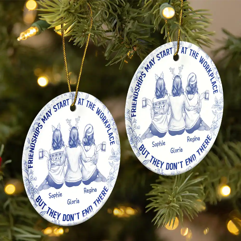 Friendships May Start At The Workplace Colleagues Toile - Personalized Circle Ceramic Ornament - Image 2