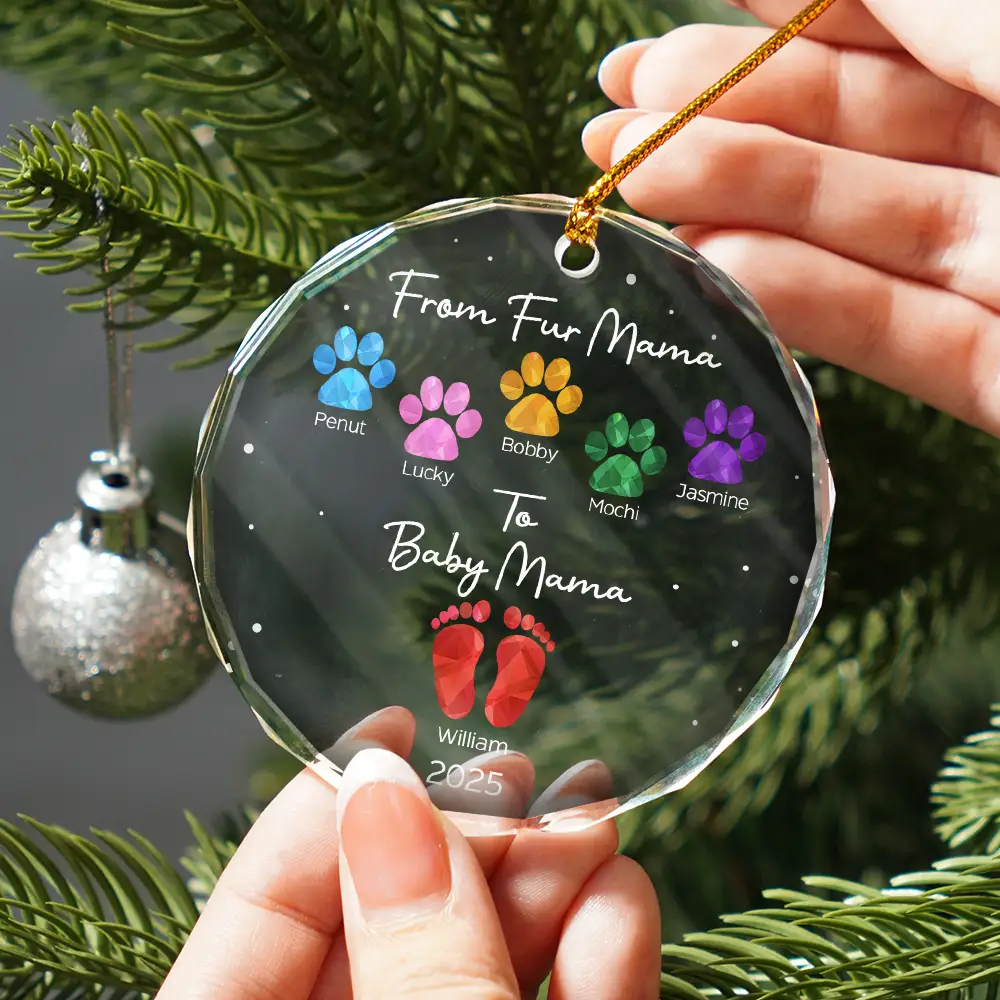 From Fur Mama To Baby Mama - Personalized Circle Glass Ornament - Image 2