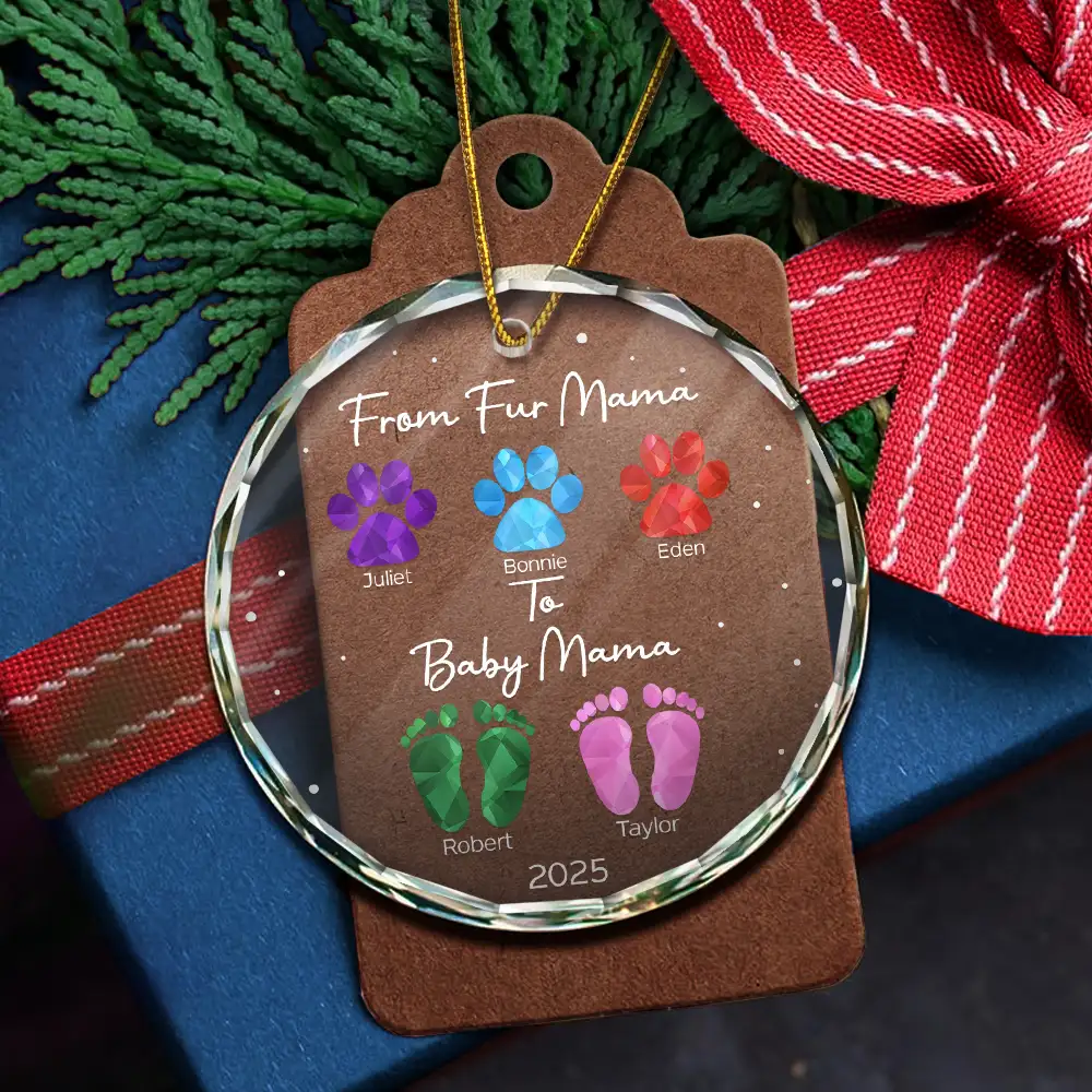 From Fur Mama To Baby Mama - Personalized Circle Glass Ornament - Image 5