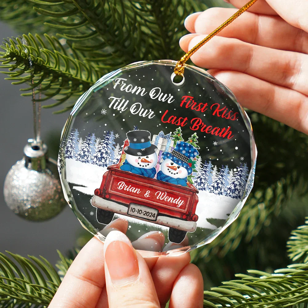 From Our First Kiss Till Our Last Breath Snowman - Personalized Circle Glass Ornament - Image 2