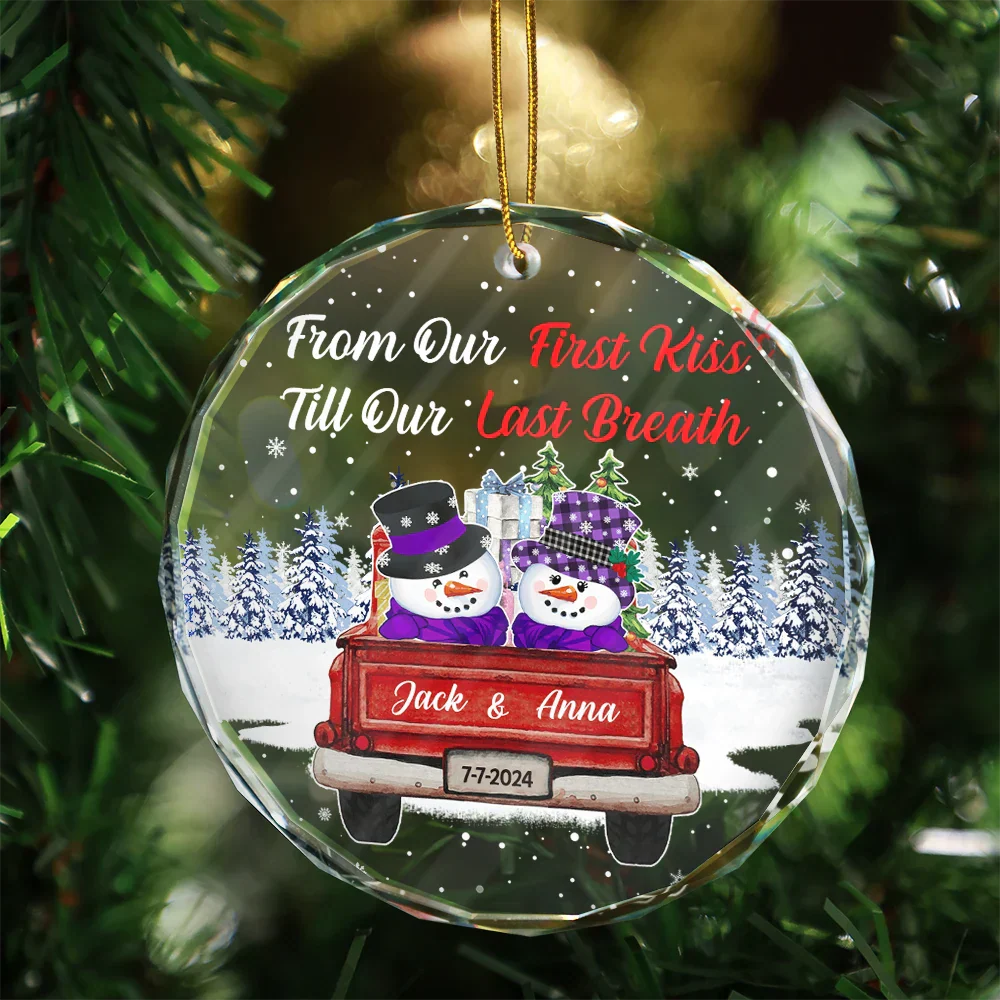 From Our First Kiss Till Our Last Breath Snowman - Personalized Circle Glass Ornament - Image 3