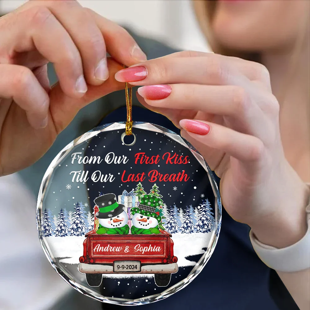 From Our First Kiss Till Our Last Breath Snowman - Personalized Circle Glass Ornament - Image 4