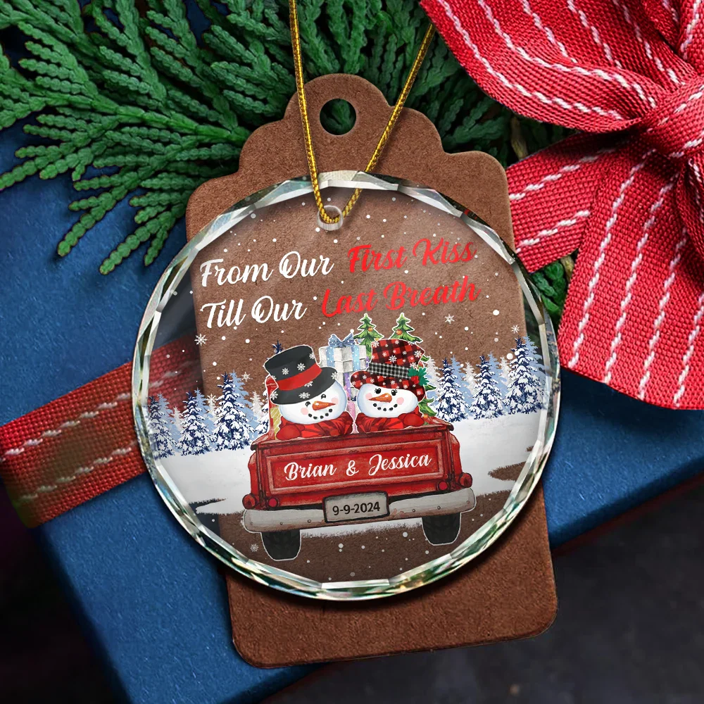 From Our First Kiss Till Our Last Breath Snowman - Personalized Circle Glass Ornament - Image 5
